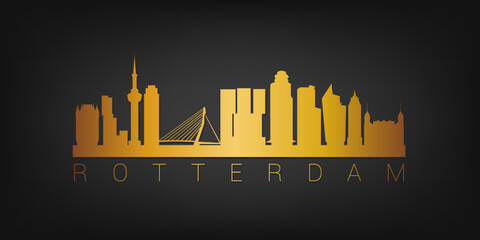 Rotterdam, Netherlands Gold Skyline City Silhouette Vector. Golden Design Luxury Style Icon Symbols. Travel and Tourism Famous Buildings.