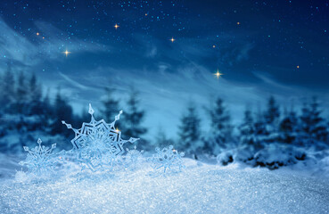 Winter holidays background with snowflakes in white snow isolated.
