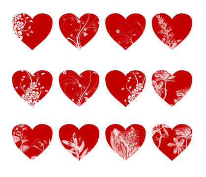 Collection of red hearts, love hearts with nature patterns, illustrations, icons, vector for web, valentine’s day