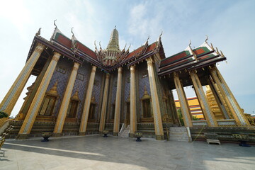 View of the interior of Wat Phra Kaew in Bangkok, Thailand. The area is large, so there are many...
