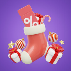 3d Christmas sock with coupon, ball, gift boxes, candy cane, star. Elements of New Year. Special discounts time, Flash sale, Limited promotion offer concept. 3d Cartoon smooth render. Clipping path.
