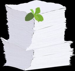 White paper tissue, paper napkins stack, mint leaves. 