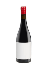 Isolated bottle of wine or champagne with blank label and red stopper.