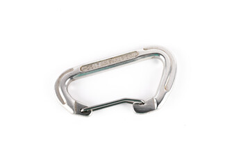 Metal carabiner on white background