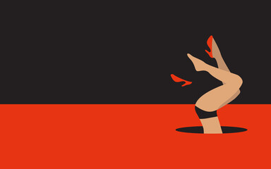 Womens legs with shoes on a red and black background in a minimal style. There is a copy space nearby