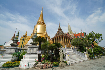 View of the interior of Wat Phra Kaew, Bangkok, Thailand, with beautiful golden churches and...