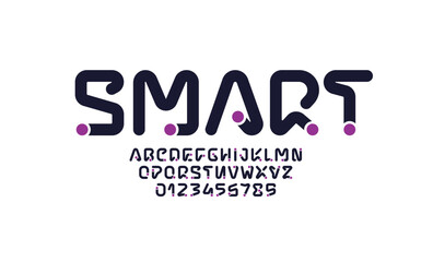 Technical digital alphabet font, trendy Latin letters from A to Z and Arab numbers from 0 to 9 coin style, vector illustration 10EPS