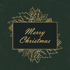Merry Christmas. Vector hand lettering. Golden calligraphy letters in a frame with floral Christmas elements on the green snowy background. Invitation congratulation Christmas card. holiday. Luxury.