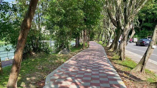Take a leisurely walk on a trail in the park. Film at Bihu park, Taipei, Taiwan.