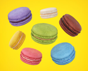 Flying multicolored macaroons on a yellow background, 3d render