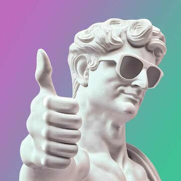 Digital 3D render of a white David statue with sunglasses doing a thumbs up