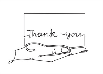 Continuous one line of hand holding card with quote thank you in silhouette on a white background.