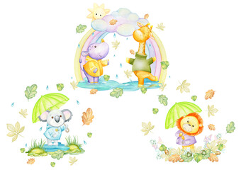 lion, koala, rhinoceros, giraffe, rainbow, rain, umbrella, mushrooms, leaves. Watercolor set, in cartoon style, but isolated background.