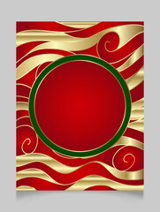 Golden shiny glowing blank Christmas frame. Gold metal waves festive border with traditional red and green. Winter holidays background with copy space.