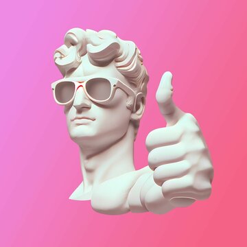 AI-generated white portrait of a man with sunglasses shows thumbs-up before the pink background