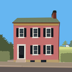 Pink classic two-storey house on the background of nature