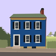 Blue classic two-storey house on the background of nature