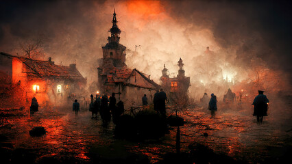Plague epidemic in a medieval town, illustration - obrazy, fototapety, plakaty