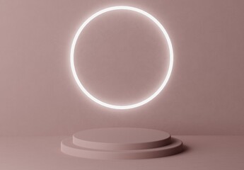 Brown gray pastel pedestal of platform display stand podium with glowing white lighting circle on blue background. Empty product shelf. 3D rendering