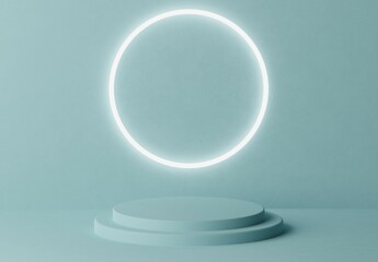Blue pastel pedestal of platform display stand podium with glowing white lighting circle on blue background. Empty product shelf. 3D rendering