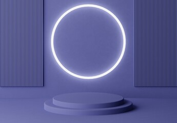 Purple blue pastel pedestal of platform display stand podium with glowing white lighting circle on purple blue background embossed ribbed rectangles. Empty product shelf. 3D rendering