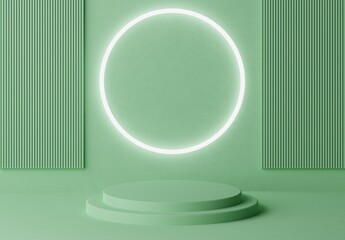 Green pastel pedestal of platform display stand podium with glowing white lighting circle on green background embossed ribbed rectangles. Empty product shelf. 3D rendering