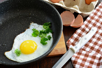 fried egg with yellow yolk on the pan isolated, close-up
