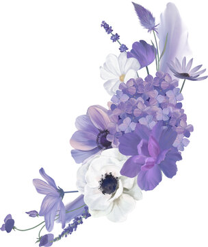 Watercolor Floral Bouquet Illustration Set. Violet, Purple Flowers Bouquets Collection. Wedding Invitations, Cards, Greetings, Digital Scrapbooking, Wallpapers, Background. PNG