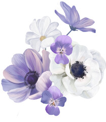 Watercolor floral bouquet illustration set. Violet, purple flowers bouquets collection. Wedding invitations, cards, greetings, digital scrapbooking, wallpapers, background. PNG