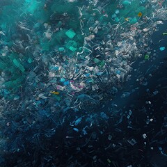 aerial shot of a garbage dump on the ocean. Trash floating on the sea. Large concentration of plastic, light metal, and organic material is known as Great Pacific Garbage Patch, Pacific Trash Vortex.