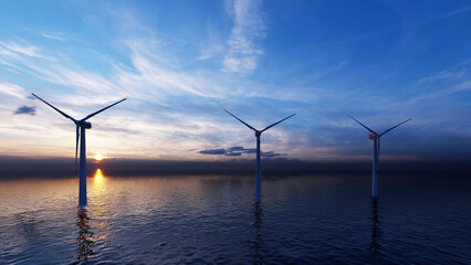 Fototapeta premium Offshore Wind Turbines Farm at sunset. 3d rendering.