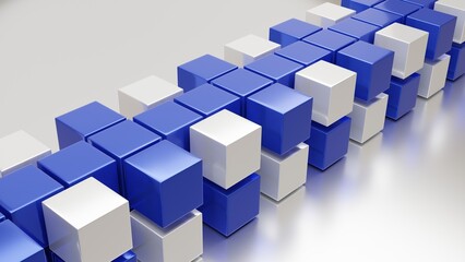 3d White and blue Cubes Lined Up And Scattered On A White Background