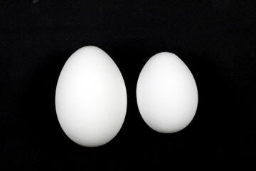 Jumbo and Medium grade eggs, side by side. Two eggs isolated on a black background.