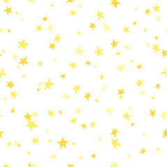Seamless abstract pattern with little sharp yellow stars on white background. Vector illustration. Magic confetti. Stardust background.