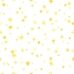 Obraz premium Seamless abstract pattern with little sharp yellow stars on white background. Vector illustration. Magic confetti. Stardust background.
