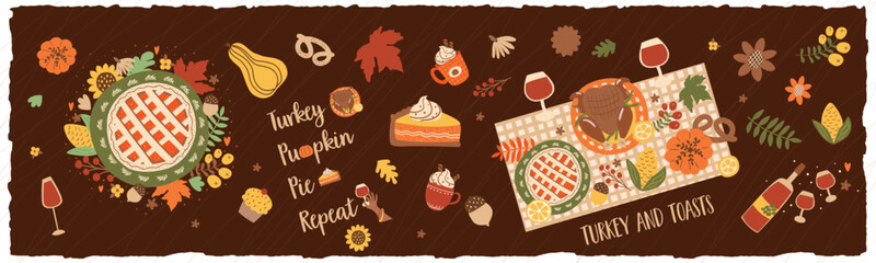 Thanksgiving food set.Thanksgiving Day dinner table set, festive table with pie, pumpkin, turkey, wine, floral elements for greeting card, friendsgiving invitation, poster drawn in vector illustration