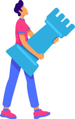 Young man holding rook piece semi flat color raster character. Walking figure. Full body person on white. Playing chess simple cartoon style illustration for web graphic design and animation