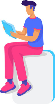 Male teenager with book sitting on white block semi flat color raster character. Full body person on white. Reading fiction simple cartoon style illustration for web graphic design and animation