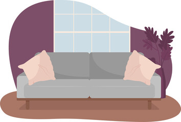 Living room 2D raster isolated illustration. Interior design. Comfortable sofa flat object on cartoon background. Modern furnished residence colourful scene for mobile, website, presentation