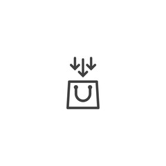 Obraz premium black outline silhouette of shopping paper bag with arrows. flat icon isolated on white. vector illustration. Stylish package for purchase. Add item simple pictogram.