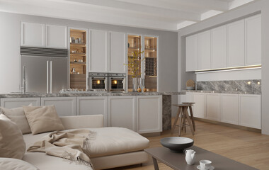 Modern interior of kitchen with living room. 3d render	