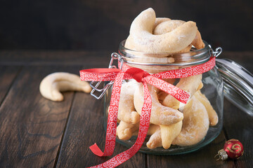 Christmas cookies crescents. Homemade traditional Christmas cookies shortbread crescents in jar...
