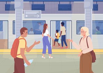 Everyday life at subway station flat color raster illustration. Mass rapid transit. Modern urban lifestyle. Public transport 2D simple cartoon characters with cityscape on background