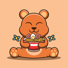 Cute bear mascot hugging ramen noodle vector cartoon illustration.
