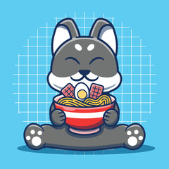 Cute dog eating ramen noodle cartoon vector illustration.