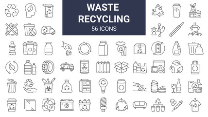 Set of 56 recycling waste line icons. Garbage disposal. Trash separation, waste sorting with further recycling. Editable stroke