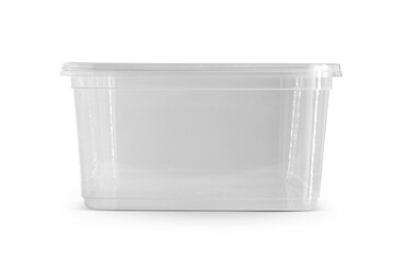 Transparent plastic food box isolated on white background