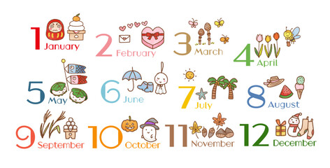 12ヵ月の風物詩イラストセット（水彩とクレヨン）