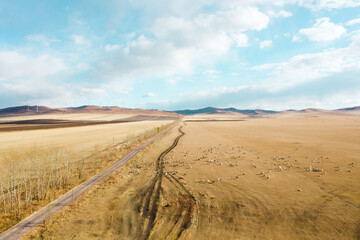 Fototapeta na wymiar Aerial photography of grass land with roads and mountains
