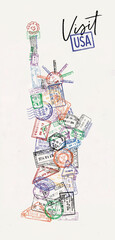 Statue of liberty made from a passport stamps different countries with lettering visit USA poster style